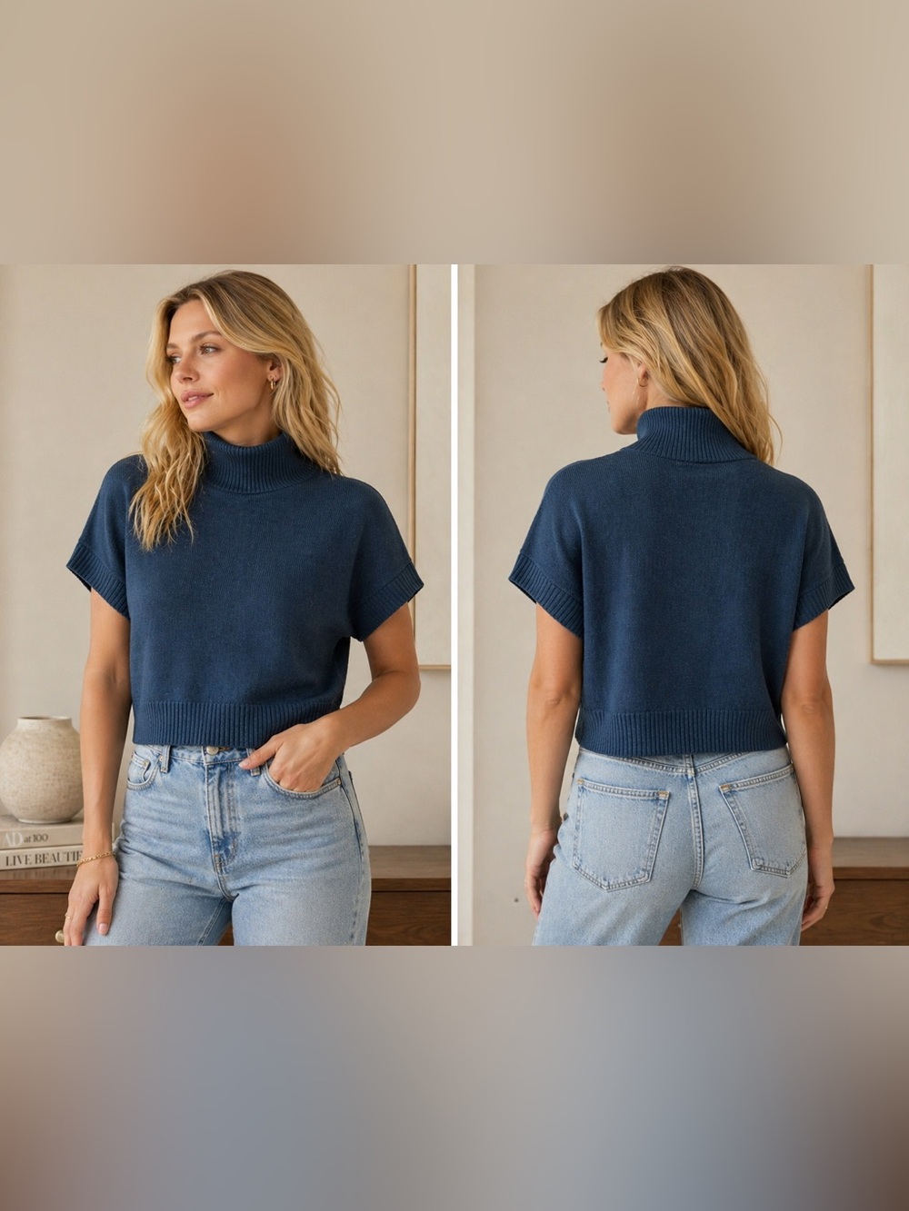 Anthropologie Women XS Blue Knit Pullover Sweater Short Sleeve Turtleneck Modern